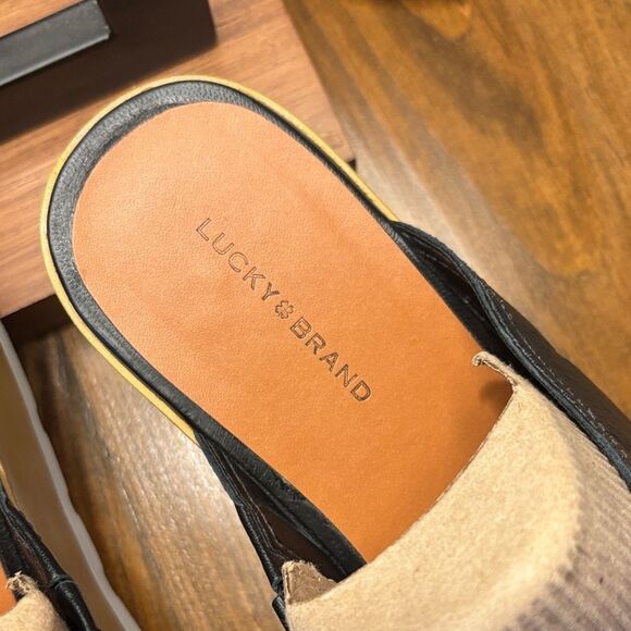 Lucky Brand 🍀 Black Leather and Cream Platform Sandals - Picture 3 of 12